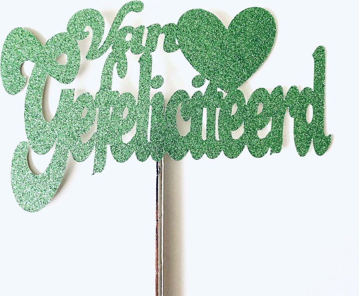 Taarttopper| Cake topper |Gefeliciteerd| Verjaardag| Hart |Gras Groen glitter|16 cm| karton